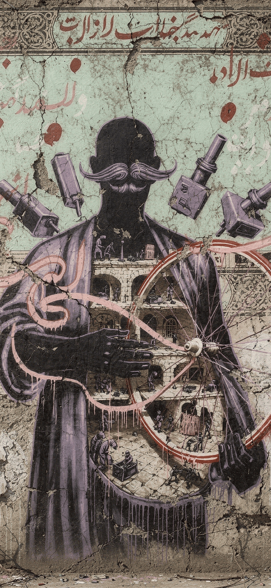 Mustached Figure Holding Bicycle Wheel on Wall