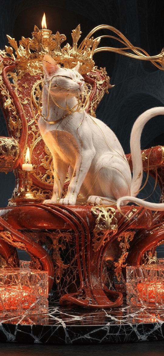 White Cat on Ornate Red Throne