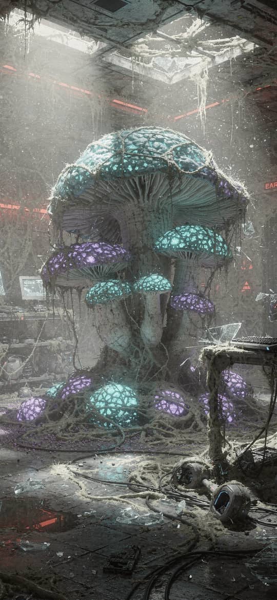 Glowing Mushrooms in Abandoned Server Room