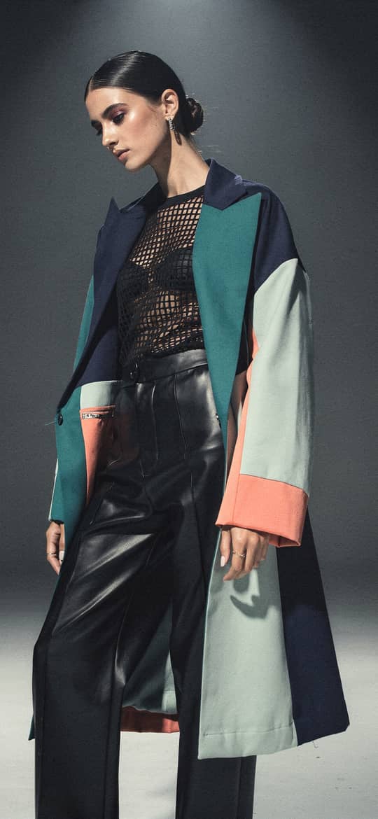 Woman in Color-Block Patchwork Coat