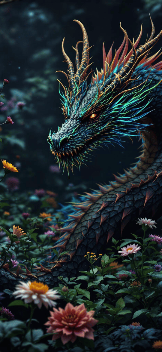 Dragon Coiled in Vibrant Flower Garden