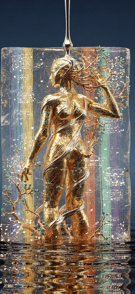 Golden Figure in a Rainbow Glass Block Over Water