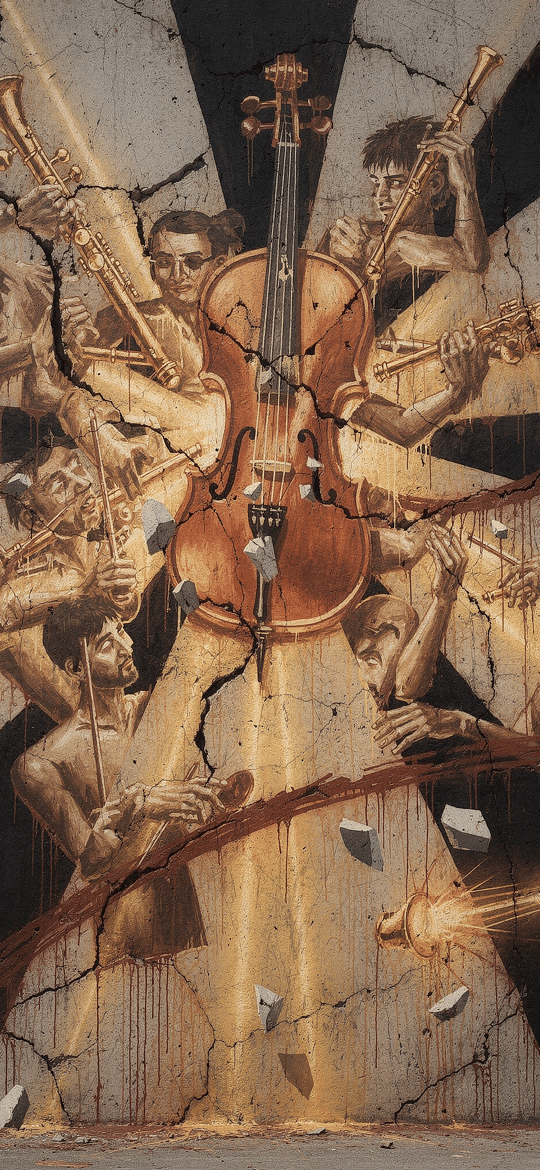 Shattered Musicians Around Central Cello