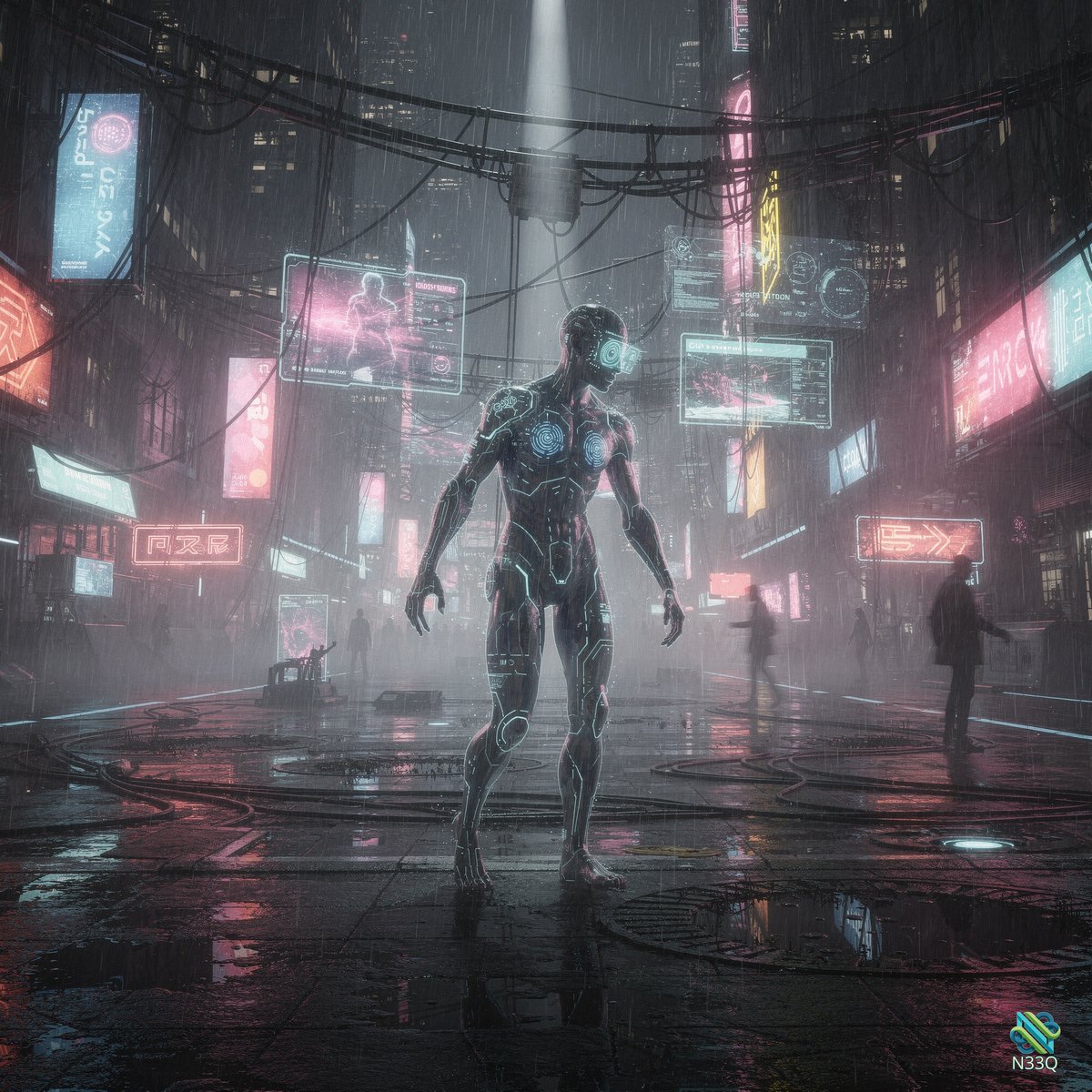 Glowing Cyborg in Rainy Neon City