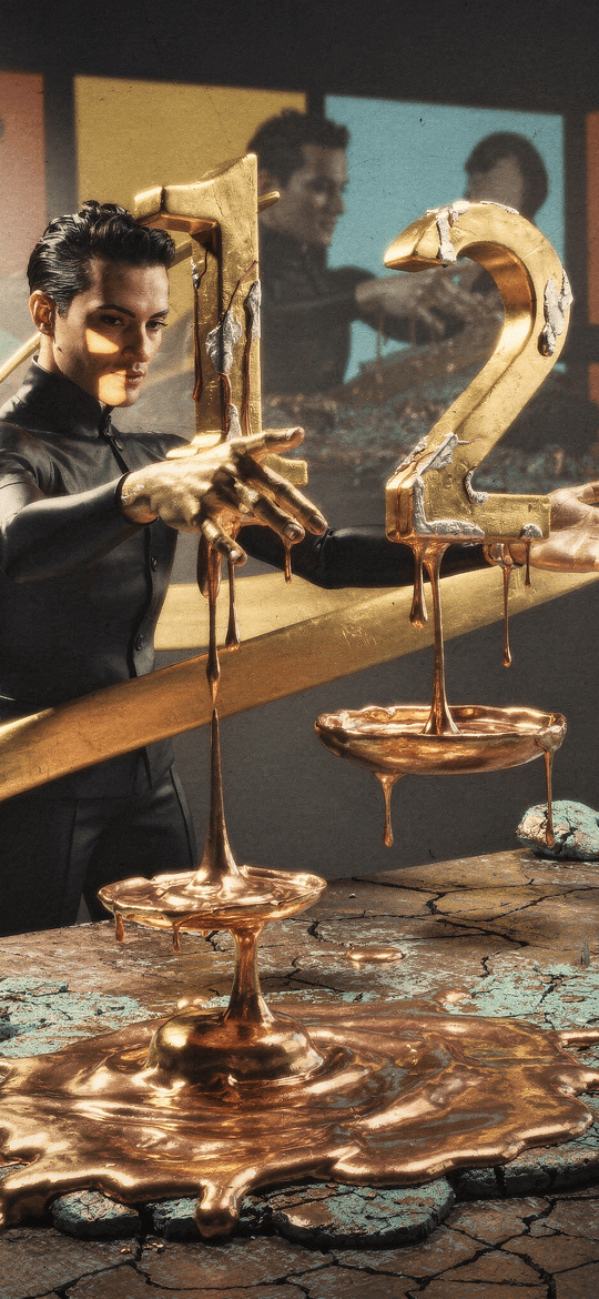 Man with Melting Golden Numbers One Two