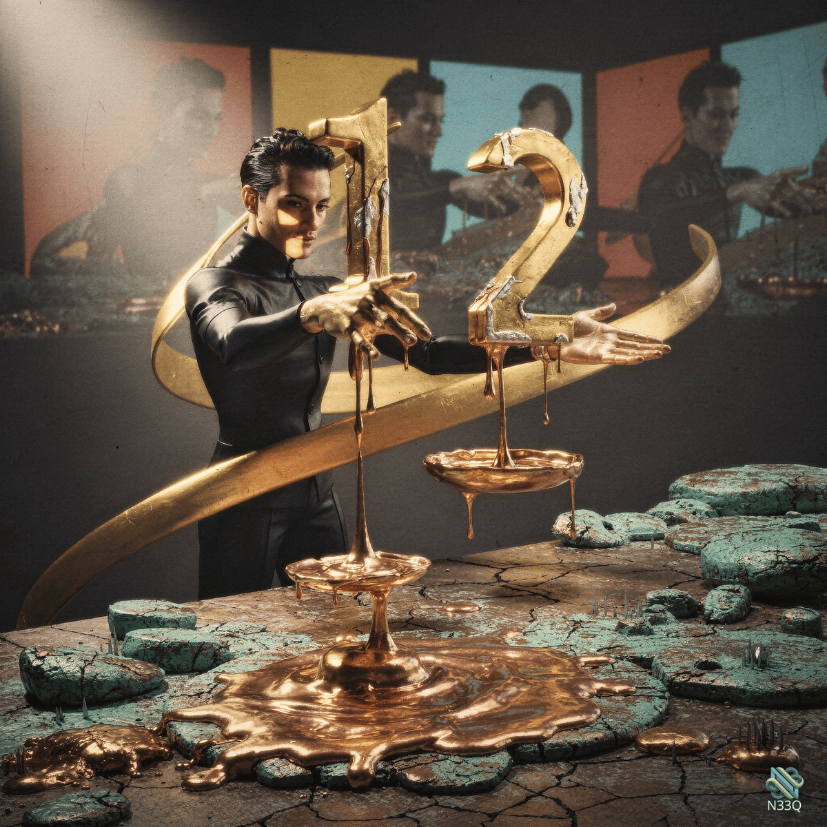 Man with Melting Golden Numbers One Two