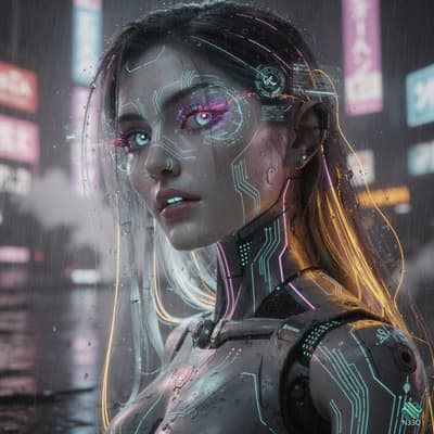 Cyberpunk Cyborg Woman in Neon Rain