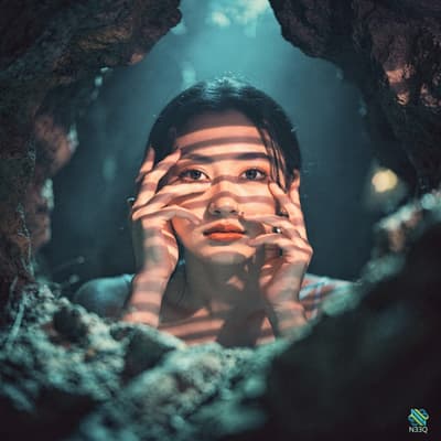 Woman in Rocky Cave with Striped Shadows
