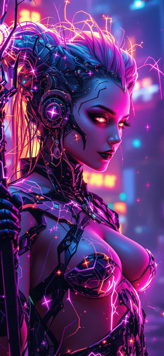 Neon Cyborg Woman Holding Energy Staff