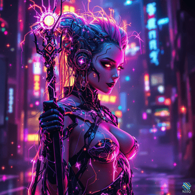 Neon Cyborg Woman Holding Energy Staff