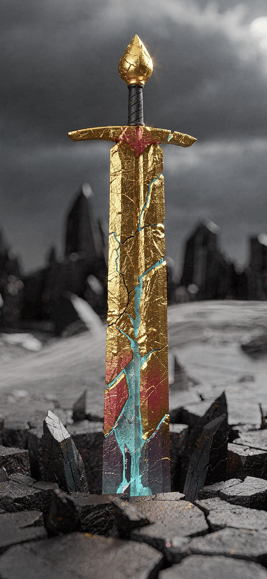 Golden Sword Planted in Cracked Black Stone