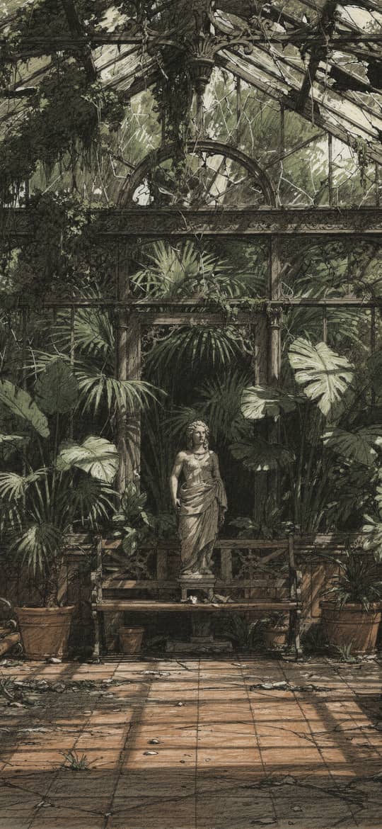 Statue in Overgrown Dilapidated Greenhouse