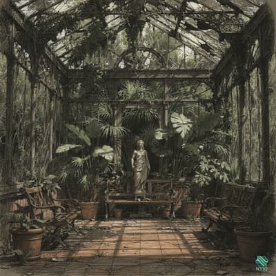 Statue in Overgrown Dilapidated Greenhouse