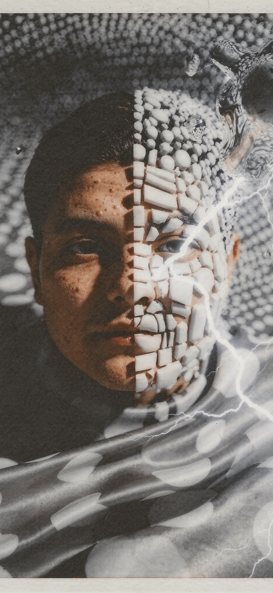 Young Man with Half a Tiled Face and a Melting Clock