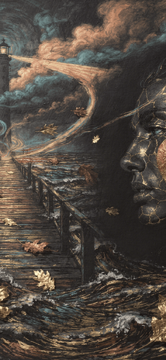 Lighthouse Pier and Gold-Leaf Face in a Stormy Sea
