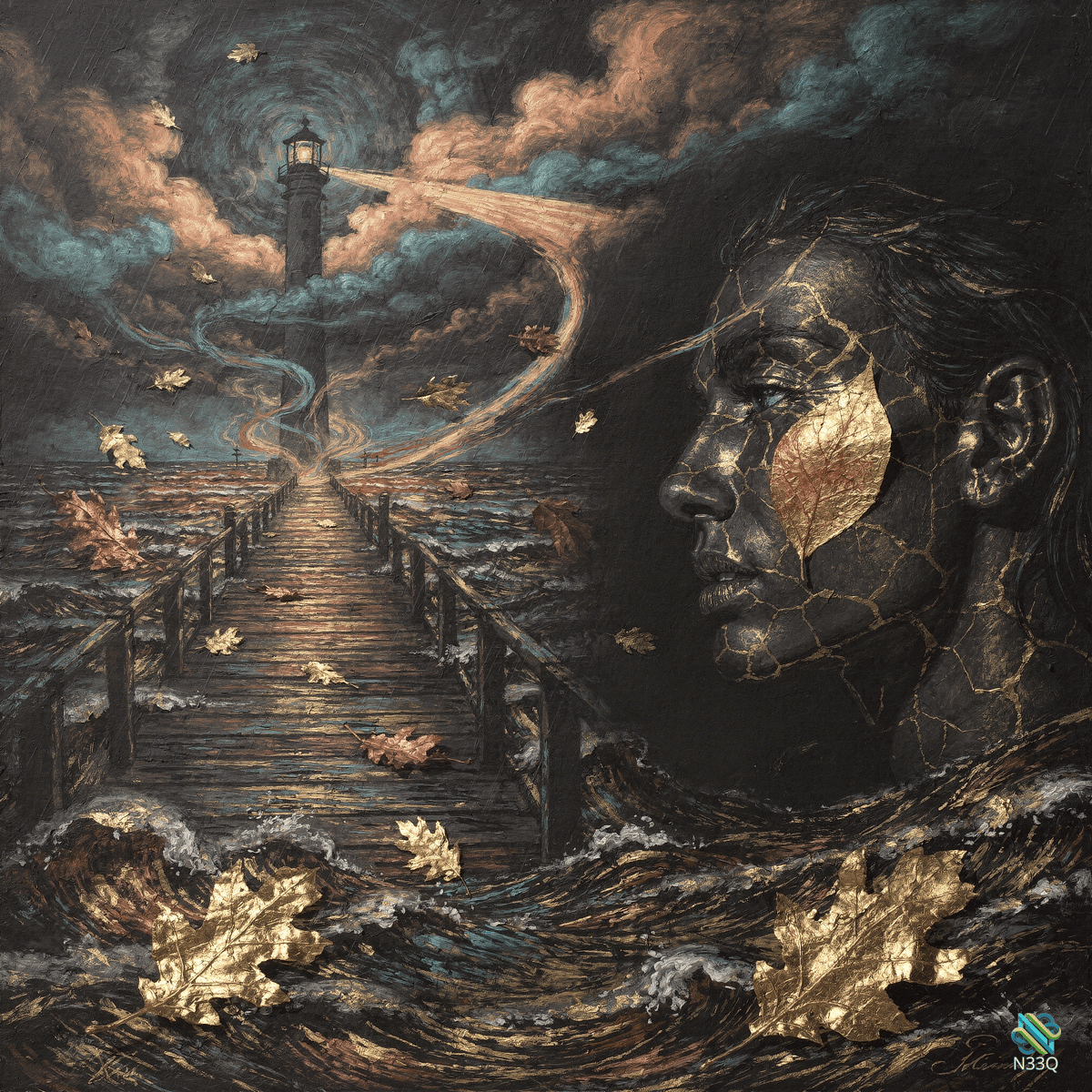Lighthouse Pier and Gold-Leaf Face in a Stormy Sea