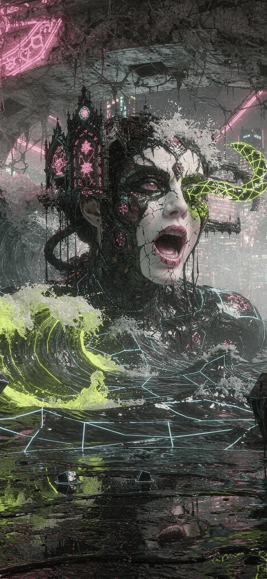 Neon Masked Woman in Flooded Ruins