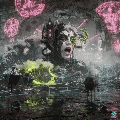 Neon Masked Woman in Flooded Ruins