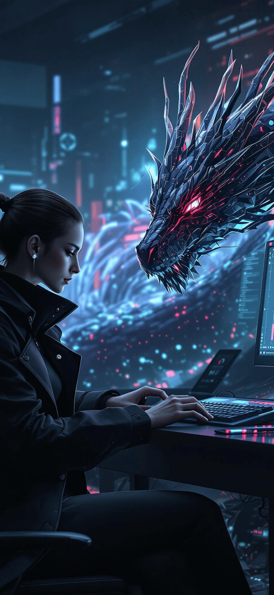 Hacker Facing Neon Cyber Dragon