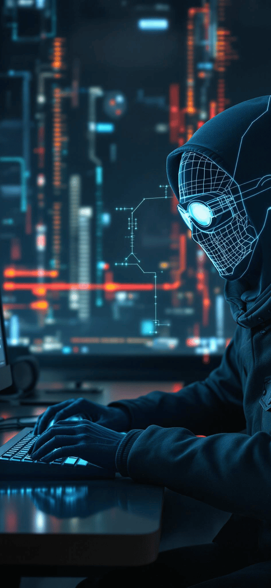Hooded Figure with Wireframe Mask Typing at Computer