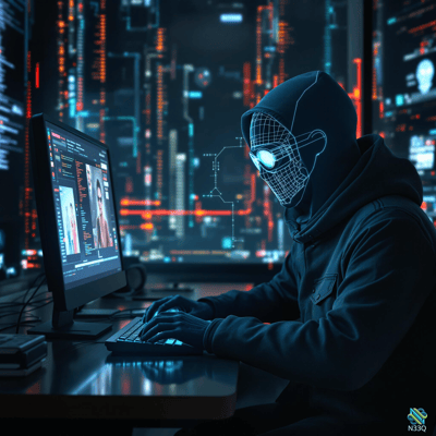 Hooded Figure with Wireframe Mask Typing at Computer
