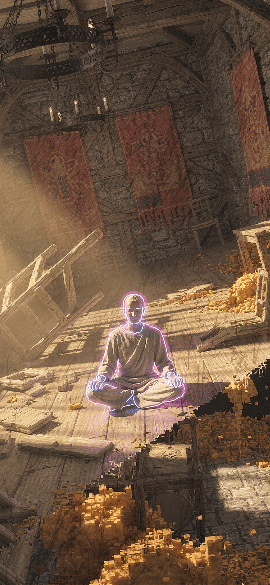 Meditating Figure in Crumbling Stone Hall
