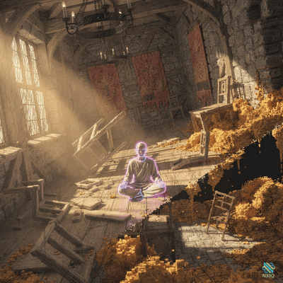 Meditating Figure in Crumbling Stone Hall