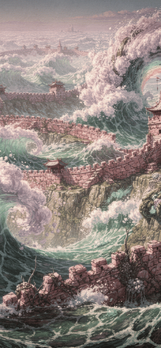 Cliffside Fortress Amid Giant Swirling Waves
