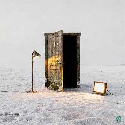 Weathered Door with Lamps in Snow