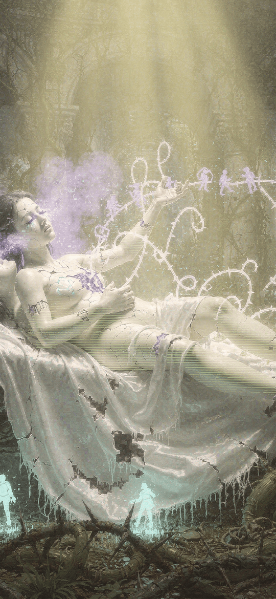 Women Reaching for Glowing Purple Chain in Ruins