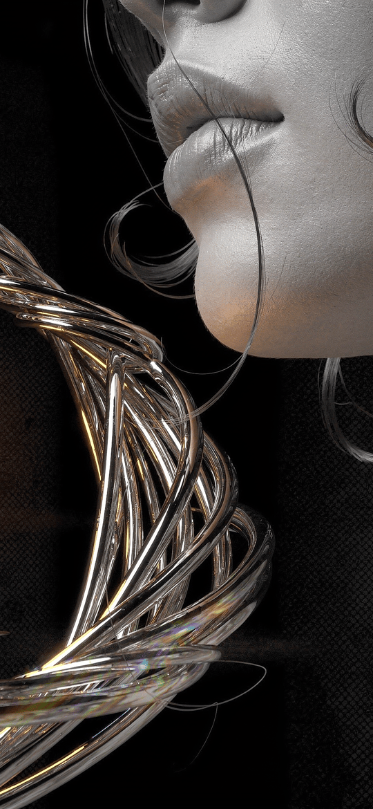 Pale Woman Face with Lit Candle and Metal Swirls