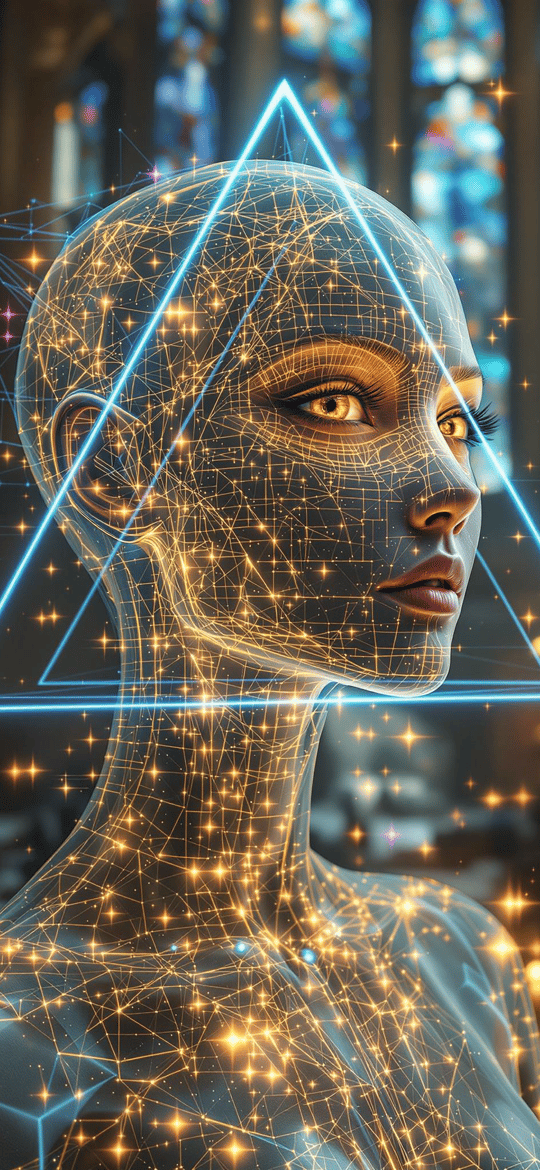 Wireframe Woman with Blue Triangle in Cathedral
