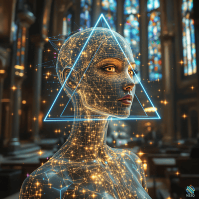 Wireframe Woman with Blue Triangle in Cathedral