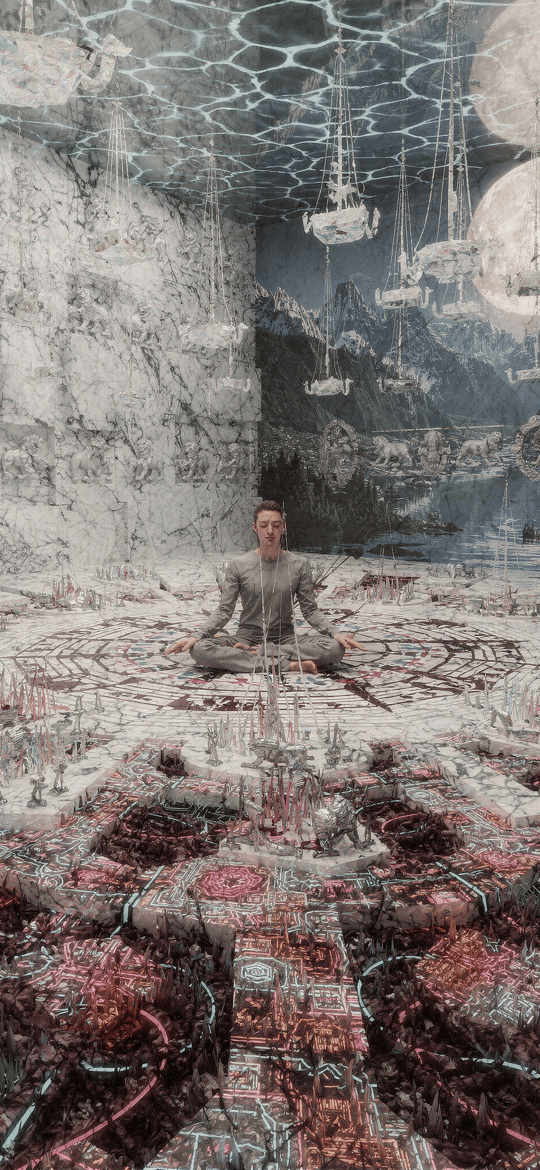 Meditating Man in Fractured Celestial Chamber