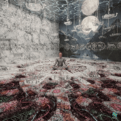 Meditating Man in Fractured Celestial Chamber