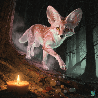Glowing Fox in Misty Dark Forest