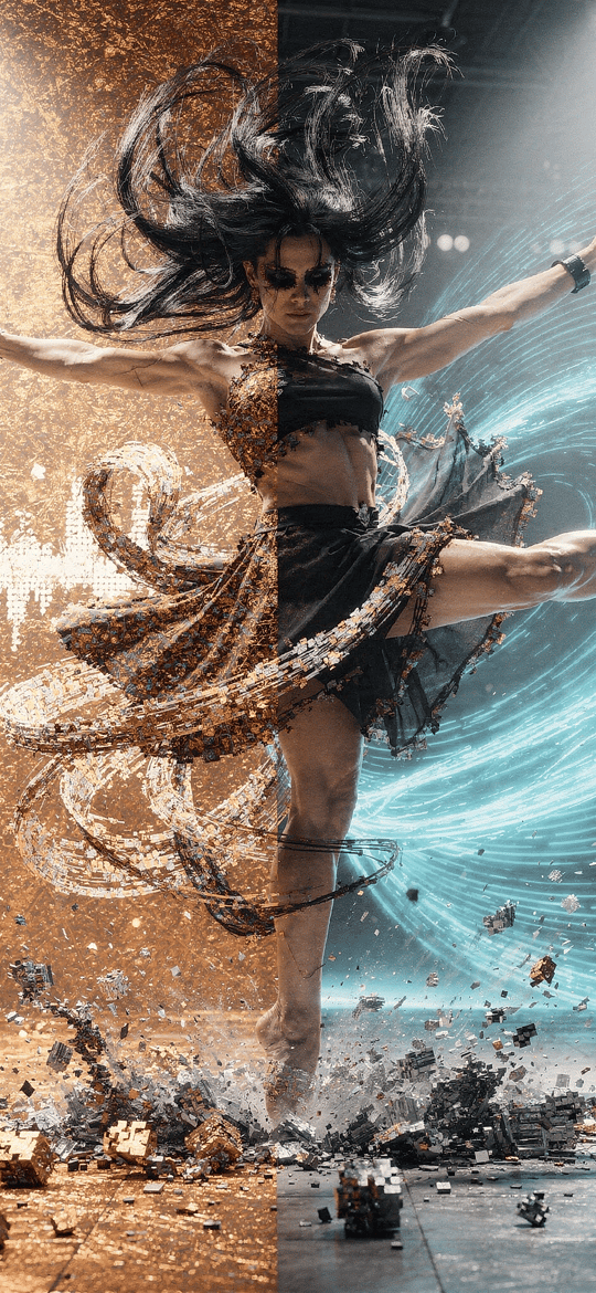 Dancer Leaping Between Gold and Blue Energies