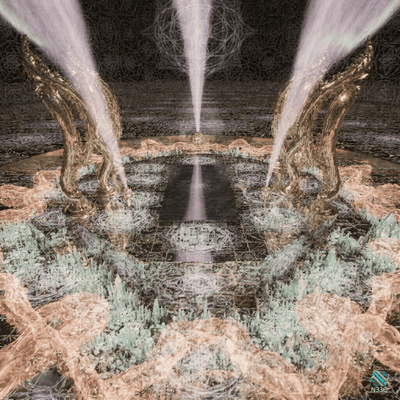 Three Golden Pillars Emitting Light Beams