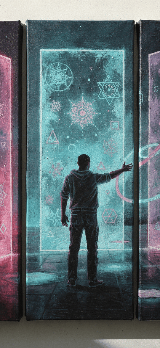 Man Before Three Glowing Panels of Sacred Symbols