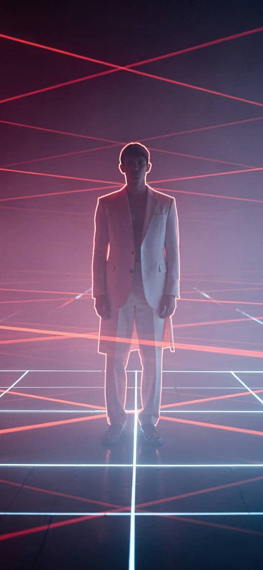 Man in White Suit Neon Grid