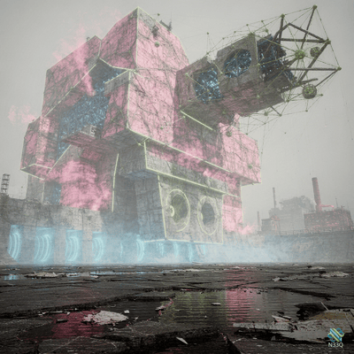 Pink Mechanical Fortress in Foggy Ruins