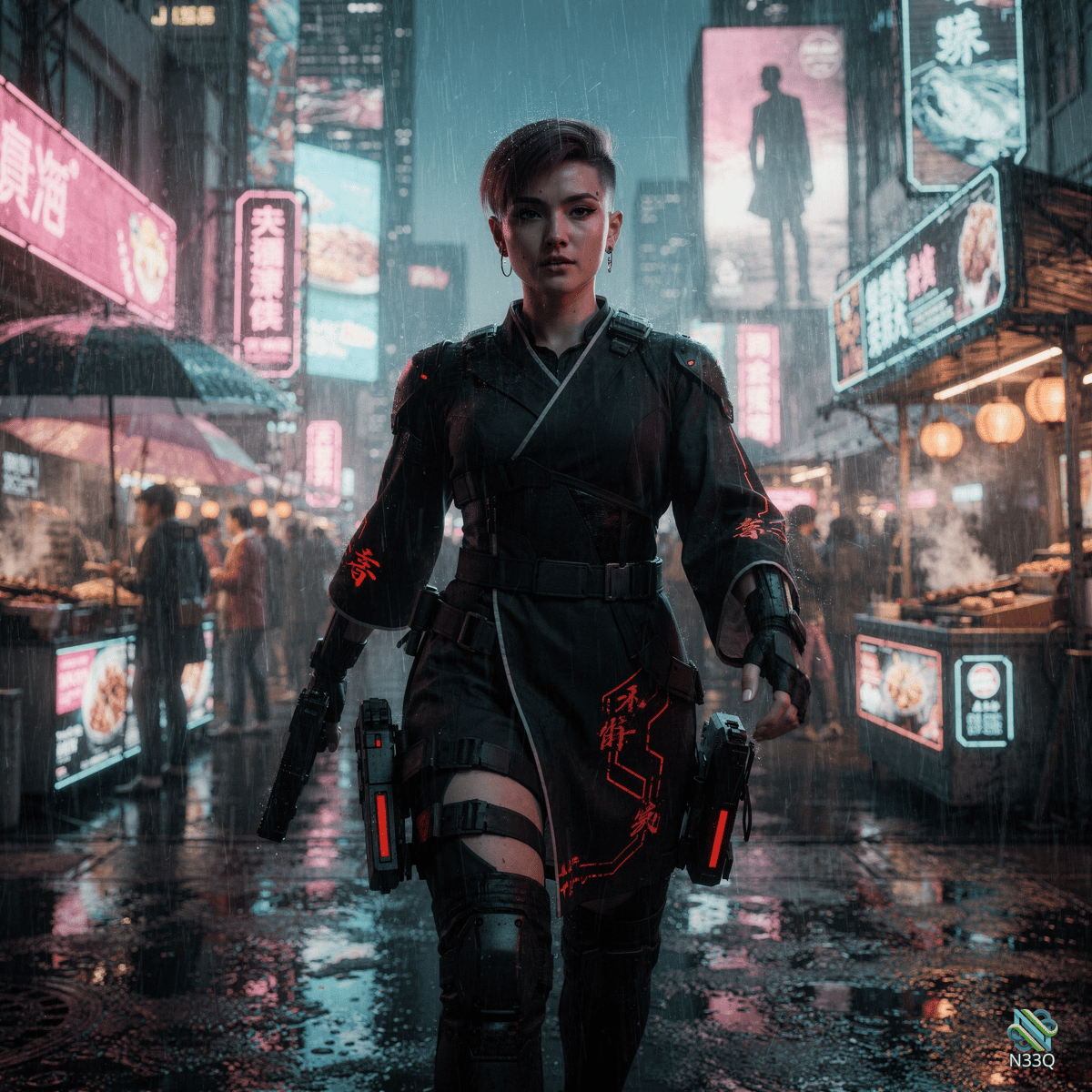 Female Warrior in Rainy Neon Cyberpunk Street
