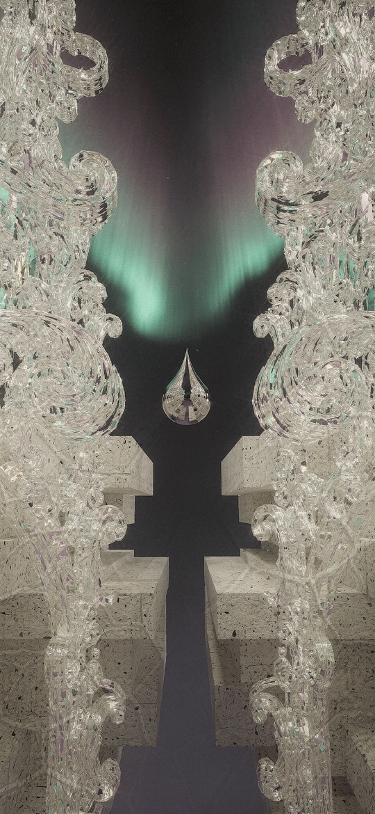 Crystal Walls Framing a Keyhole Opening to an Aurora