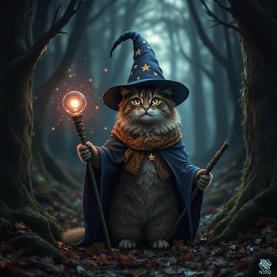 Cat Wizard Holding Glowing Staff in Forest