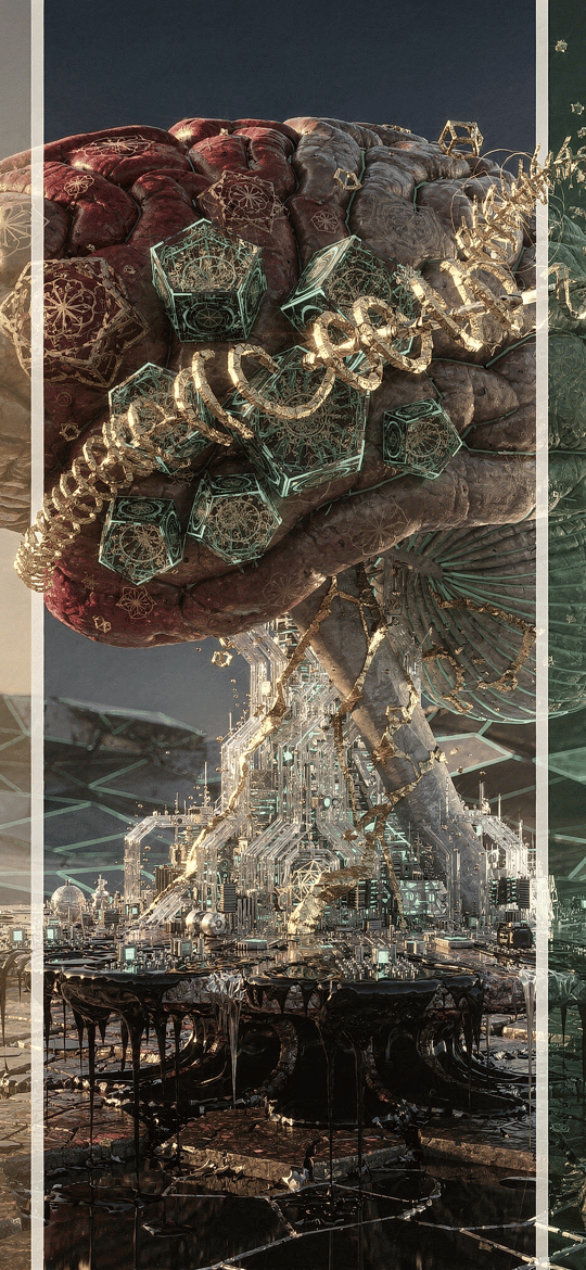 Biomechanical Brain Over Ruined Futuristic City