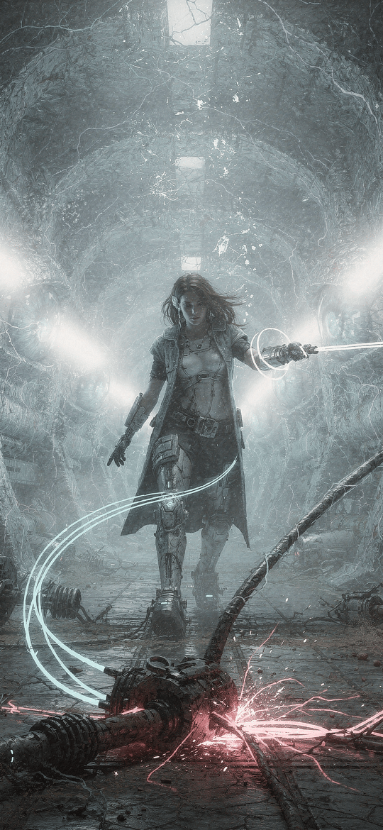 Cyberpunk Warrior in Tunnel of Giant Eyes