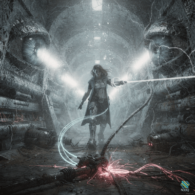 Cyberpunk Warrior in Tunnel of Giant Eyes